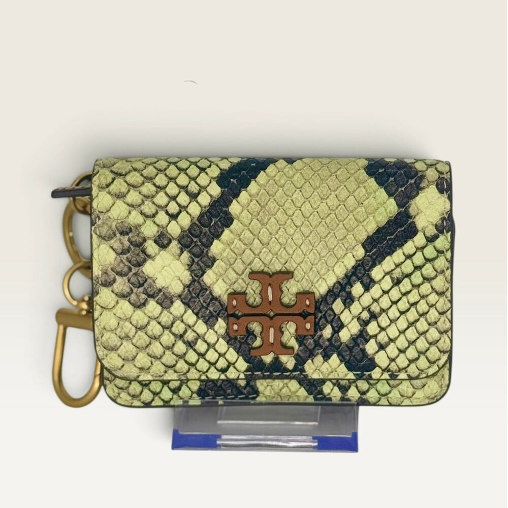 NEW $198 Tory Burch Flap Card Case Wallet Snake Python Animal Exotic Mint Green